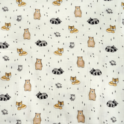 Muślin double gauze drukowany liski i szopy na ecru