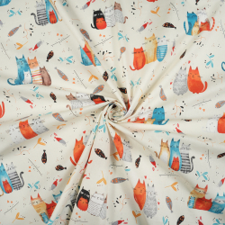 Bawełna 100% kotki turkusowo rude na ecru tle