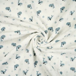 Muślin double gauze drukowany wieloryby niebieskie