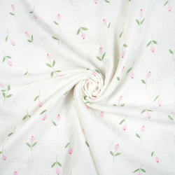 Muślin double gauze drukowany tulipany różowe małe