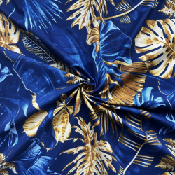 Bawełna 100% liście duże złoto szafirowe na szafirowym tle