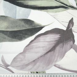 Bawełna 100% liście duże miętowo fioletowe na białym tle