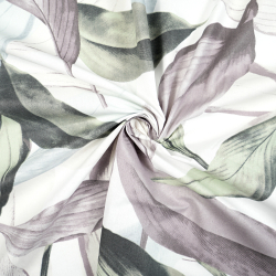 Bawełna 100% liście duże miętowo fioletowe na białym tle