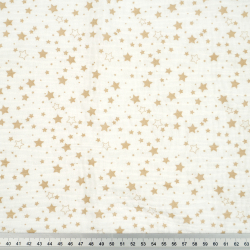 Bedruckter Double Gauze Musselin mit beigen Sternen auf weißem Hintergrund