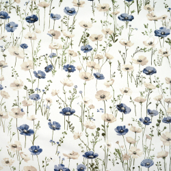 100% Baumwolle Mohnblumen in Blau-Beige auf Ecru-Hintergrund