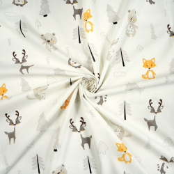 100% Baumwolle mit Tieren und Bäumen auf ecrufarbenem Hintergrund