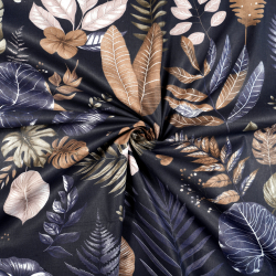100% Baumwolle mit beige-blauen Blättern auf dunkelblauem Hintergrund