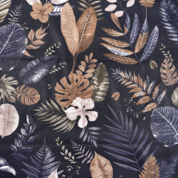 100% Baumwolle mit beige-blauen Blättern auf dunkelblauem Hintergrund