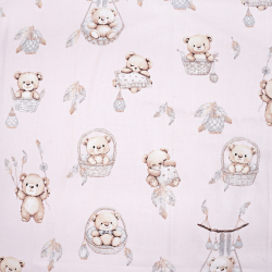 100% Baumwolle mit Bären in Körben auf rosa Hintergrund