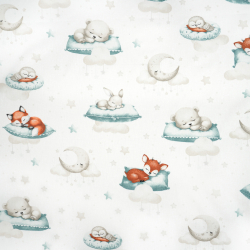 100% Baumwolle schlafende Tiere auf türkisfarbenen Kissen auf weißem Hintergrund