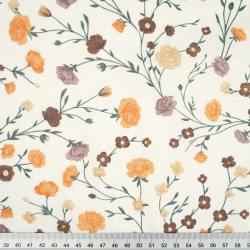 100% Baumwolle Blumen Zweige Mini Orange-Braun auf Ecru Hintergrund