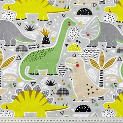 Baumwolle 100% große grüne Dinosaurier auf grauem Hintergrund  