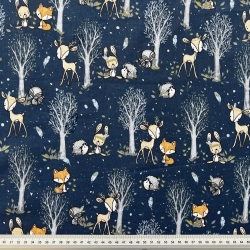 Baumwolle 100% Rehkitze und Mini-Tiere mit Bäumchen auf dunkelblauem Hintergrund  