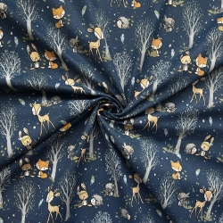 Baumwolle 100% Rehkitze und Mini-Tiere mit Bäumchen auf dunkelblauem Hintergrund  
