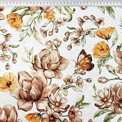 Baumwolle 100% braun-orange Blumen auf weißem Hintergrund  