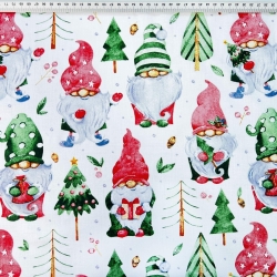 Baumwolle 100% Weihnachtsmuster Wichtel mit Tannen auf weißem Hintergrund  