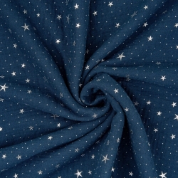 Musselin Double Gauze dunkelblau (Dark Navy) mit silbernen Sternen  