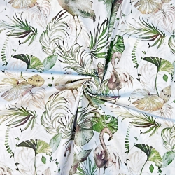 Baumwolle 100% Flamingos beige in olivgrünen Blättern - 220cm  
