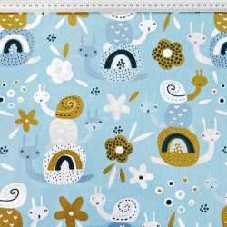 Baumwolle 100% Schnecken blau-senfgelb auf blauem Hintergrund  