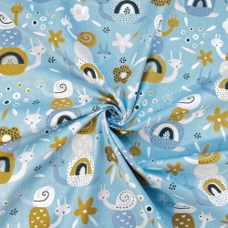 Baumwolle 100% Schnecken blau-senfgelb auf blauem Hintergrund  