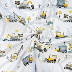 Baumwolle 100% Straßenbau gelb-grau auf weißem Hintergrund  