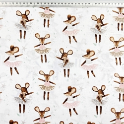 100% Baumwolle mit braunen Ballettmäusen auf weißem Hintergrund  