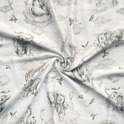 Baumwoll-Musselin mit pastellfarbenen Elefanten und beigen Regenbogen  