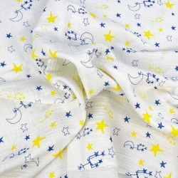 Musselin Double Gauze bedruckt mit Sternbildern in blau-gelb  