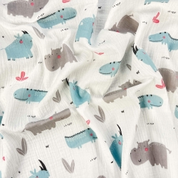 Musselin Double Gauze bedruckt mit Nashörnern und Nilpferden  