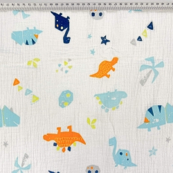 Musselin Double Gauze bedruckt mit orange-türkisen Dinosauriern und Palmen  