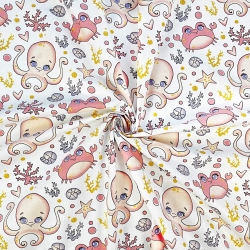 Baumwolle 100% maritimes Muster mit Oktopussen und aprikosenfarbenen Krabben  