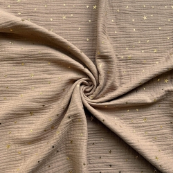 Musselin double gauze hellbraun (Light Brown) mit goldenen Sternen  