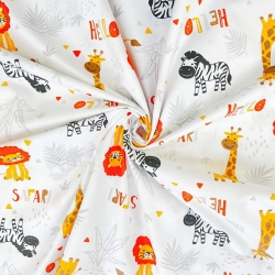 Baumwolle 100% orange Tiere Hello Safari auf weißem Hintergrund  