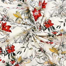 100% Baumwolle mit rot-olivfarbenen Blumen auf Ecru-Hintergrund  