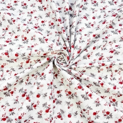 100% Baumwolle mit mini bordeauxfarbenen Rosen auf weißem Hintergrund  