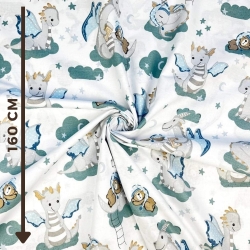 100% Baumwolle mit grauen Drachen auf weißem Hintergrund  