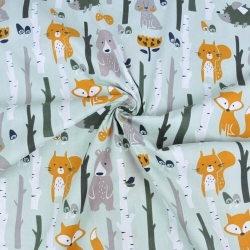 Baumwolle 100% Tiere im Wald auf grau-mintfarbenem Hintergrund  