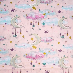 Baumwolle 100% goldene Monde mit Wolken auf rosa Hintergrund  