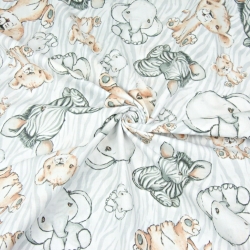 Baumwolle 100% Zebras Löwen und große Elefanten beige auf weiß-grauem Hintergrund