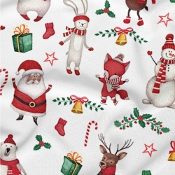 Baumwolle 100% Weihnachtsmuster fröhliche Tiere auf weißem Hintergrund  