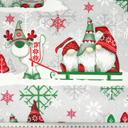 Baumwolle 100% Weihnachtsmuster Wichtel grün-rot mit Rentier auf grauem Hintergrund  