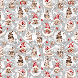 Baumwolle 100% Weihnachtsmuster mit Wichteln und Sternen in beige-rot auf grauem Hintergrund  