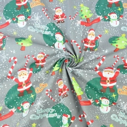 Baumwolle 100% Weihnachtsmuster mit Weihnachtsmännern und Schneemännern auf grauem Hintergrund  