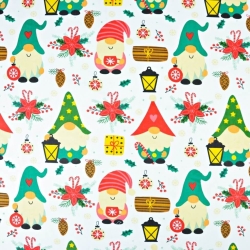 Baumwolle 100% Weihnachtsmuster mit bunten Wichteln und Laternen auf weißem Hintergrund  