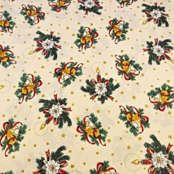 Baumwolle 100% Weihnachtsmuster Glocken und goldene Sträuße auf vanillefarbenem Hintergrund  