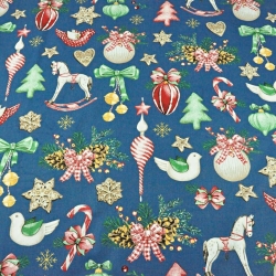 Baumwolle 100% Weihnachtsmuster Dekorationen RETRO auf jeansfarbenem Hintergrund  