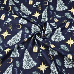 Baumwolle 100% Weihnachtsmuster Tannenbäume im Wald auf marineblauem Hintergrund