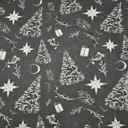 Baumwolle 100% Weihnachtsmuster Tannenbäume im Wald auf graphitfarbenem Hintergrund  