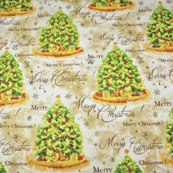 Baumwolle 100% Weihnachtsmuster bunte Tannenbäume auf beigem Hintergrund  