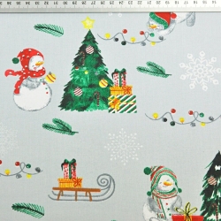 Baumwolle 100% Weihnachtsmuster Schneemänner mit Schlitten auf grauem Hintergrund  